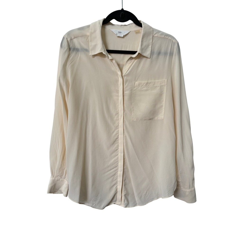 Charli London 100% Silk Button Down Blouse Cream Ivory US 6 Career Minimalist